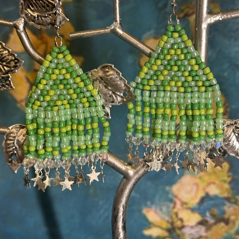 Handcrafted Geometric Fringe Beaded Dangle Earrings